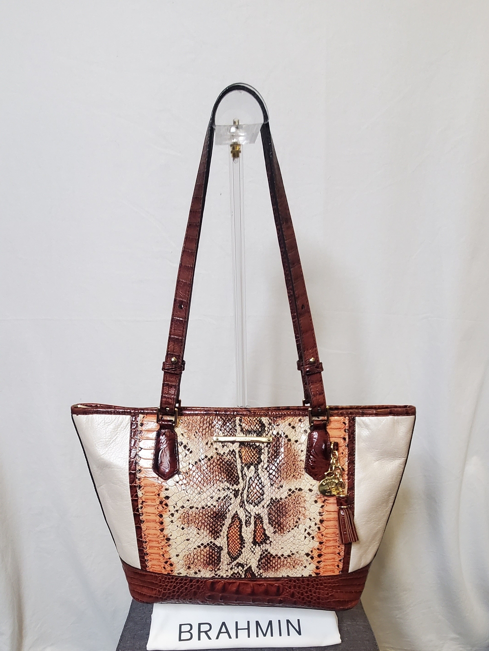 Brahmin Ivory and Brown Snake-Print Leather Shoulder Tote